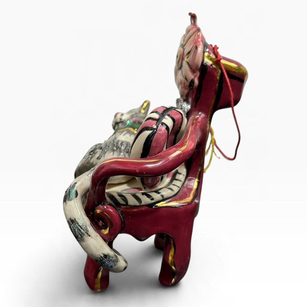 Heather Goldminc Blue Sky Cat in Red Armchair Ceramic Ornament 4.5" 2002 Vintage