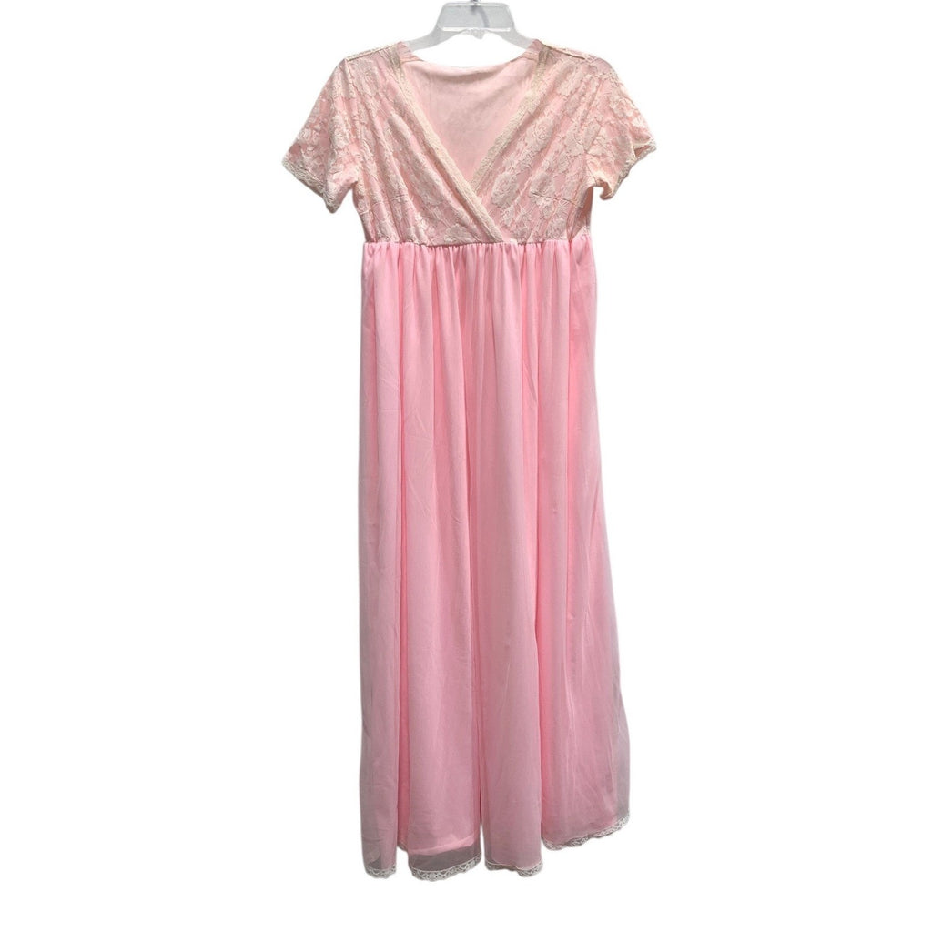 Vintage Pink Lace Maxi Nightgown Sheer Empire Waist Ruffle Sleeve Peignoir Dress