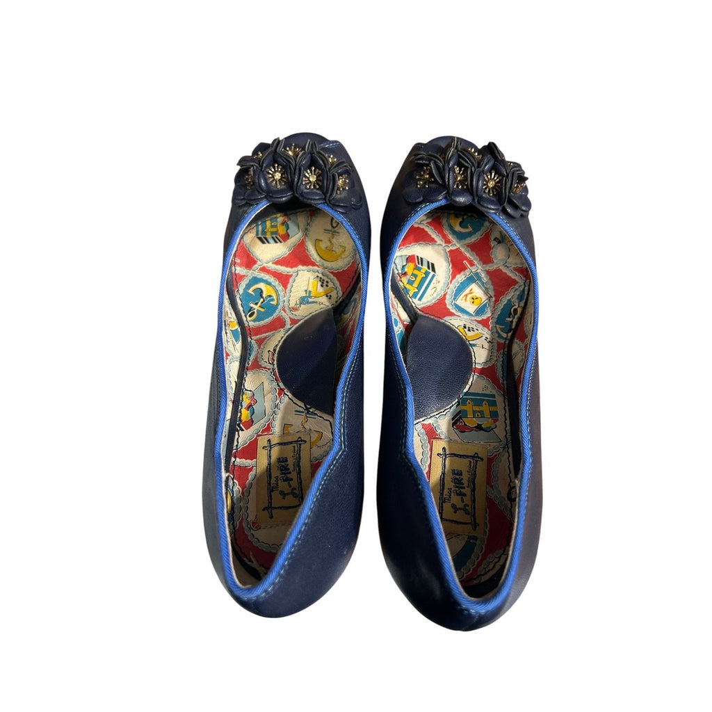 Miss L-Fire Navy Blue Peep Toe Floral Pumps Nautical Pirate Lining Size 40