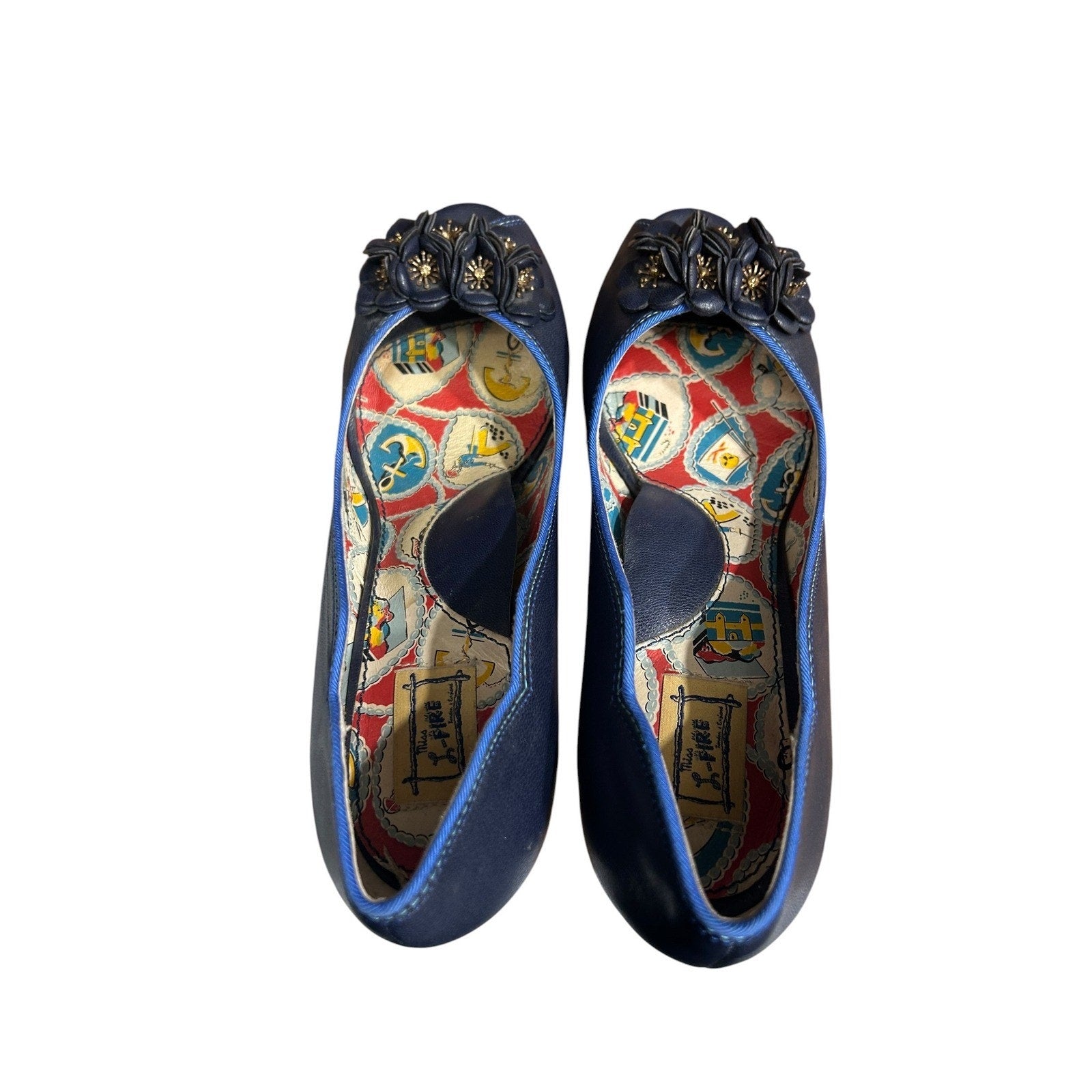 Miss L-Fire Navy Blue Peep Toe Floral Pumps Nautical Pirate Lining Size 40