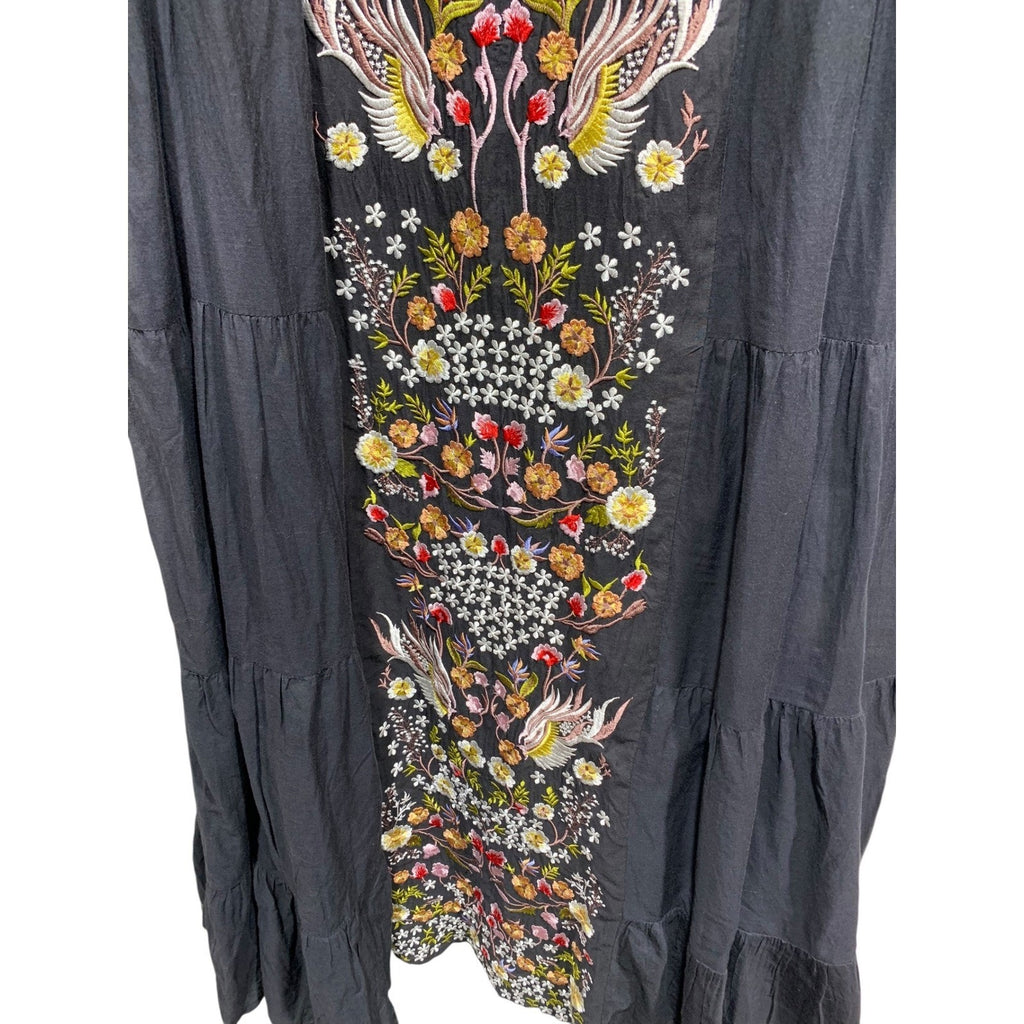 Samant Chauhan Anthropologie Black Embroidered Bird Floral Tiered Maxi Dress 0