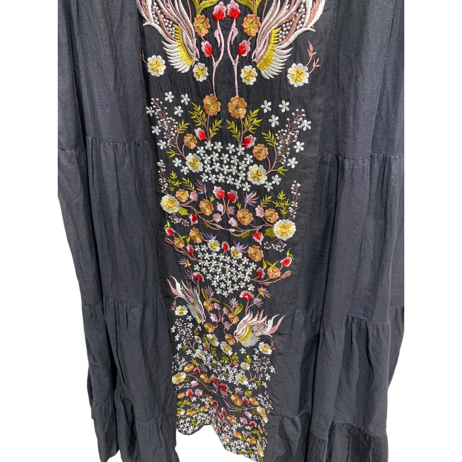 Samant Chauhan Anthropologie Black Embroidered Bird Floral Tiered Maxi Dress 0