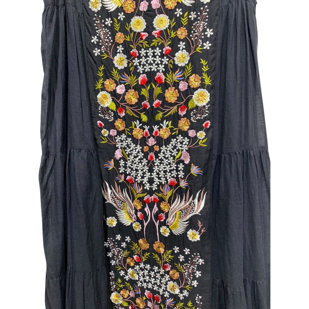 Samant Chauhan Anthropologie Black Embroidered Bird Floral Tiered Maxi Dress 0