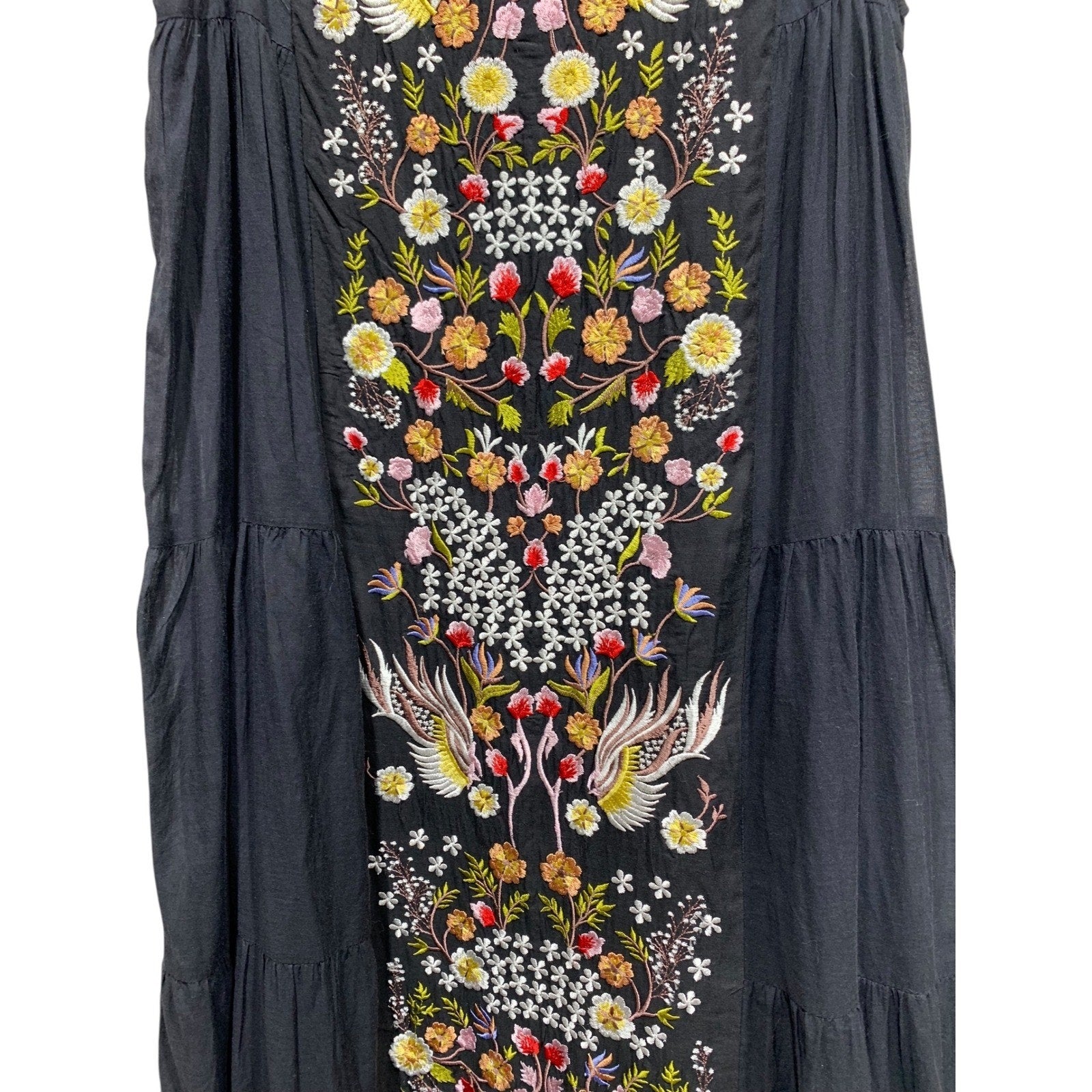 Samant Chauhan Anthropologie Black Embroidered Bird Floral Tiered Maxi Dress 0