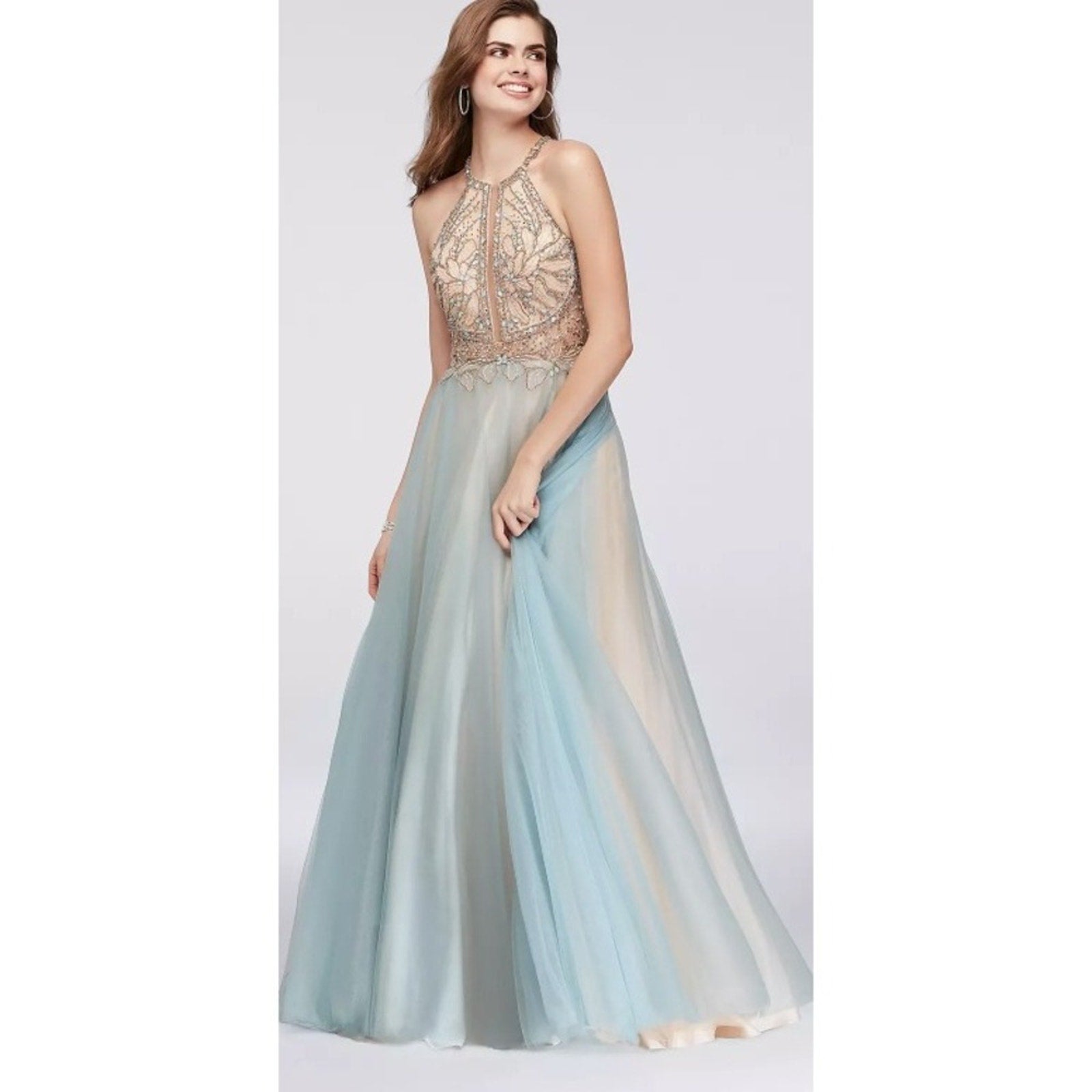 Glamour High Neck Crystal Beaded Halter Gown Tulle Skirt Prom Pageant Blue Sz 8