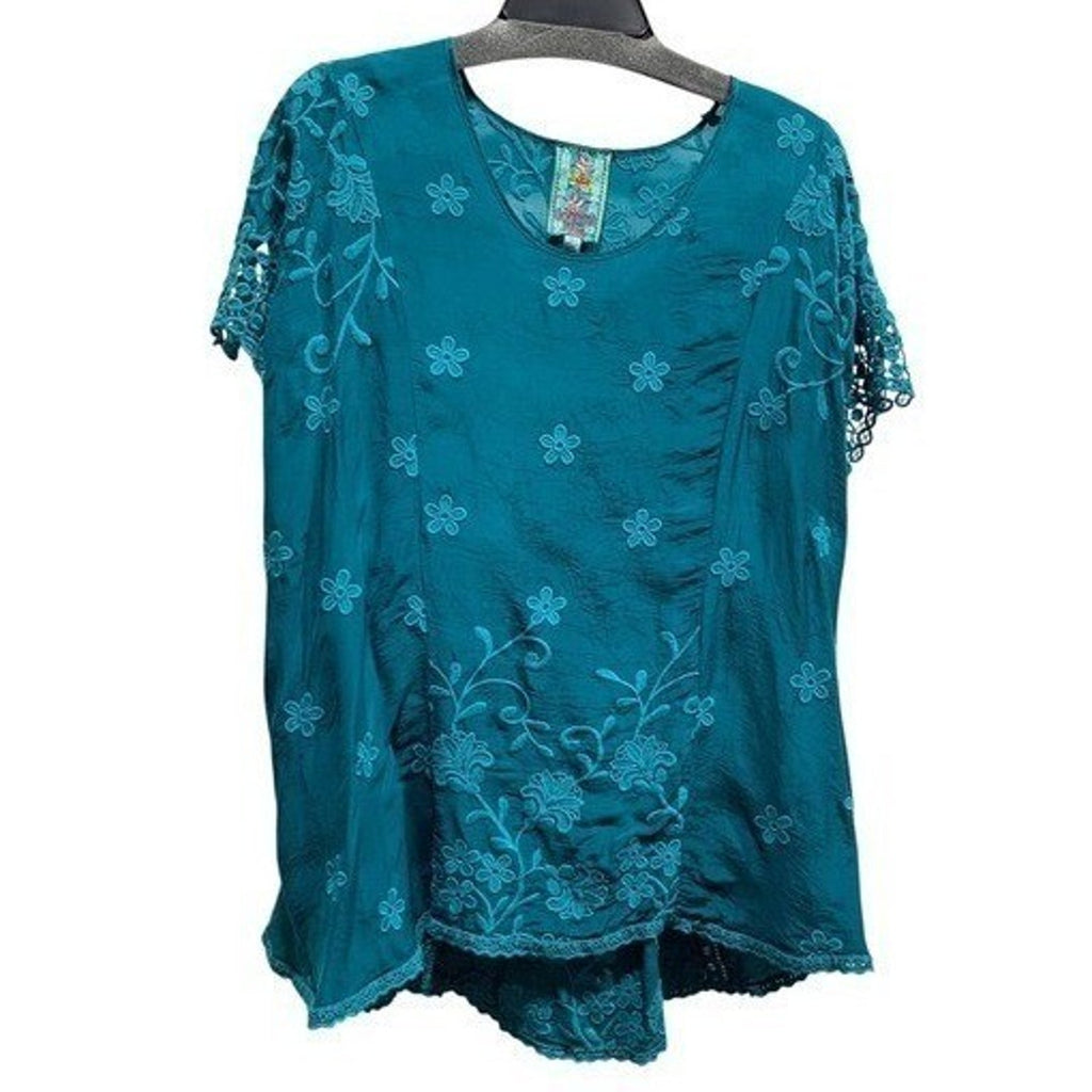 Johnny Was Embroidered Tunic Top Teal Floral Crochet Sleeve Womens Small S