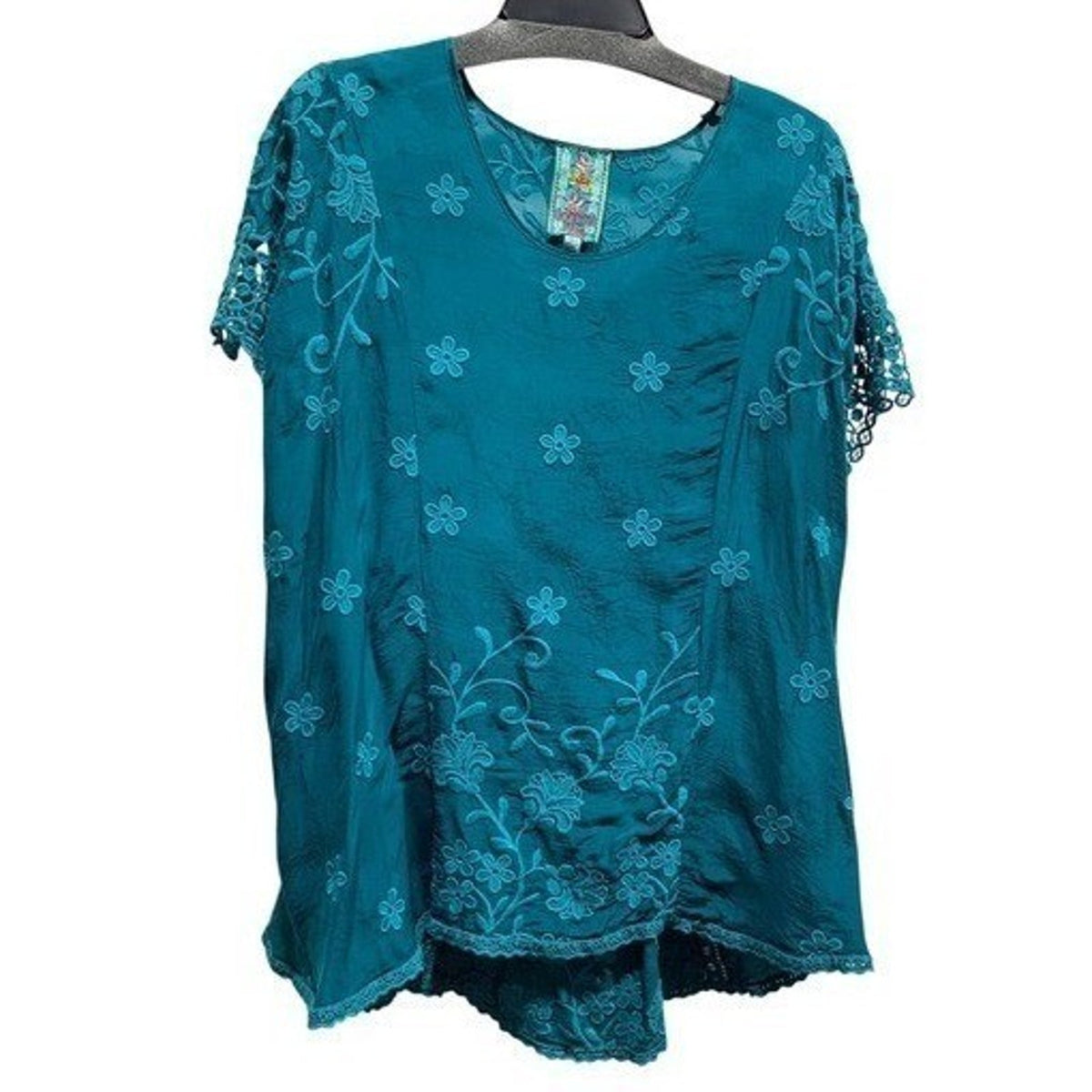 Johnny Was Embroidered Tunic Top Teal Floral Crochet Sleeve Womens Small S