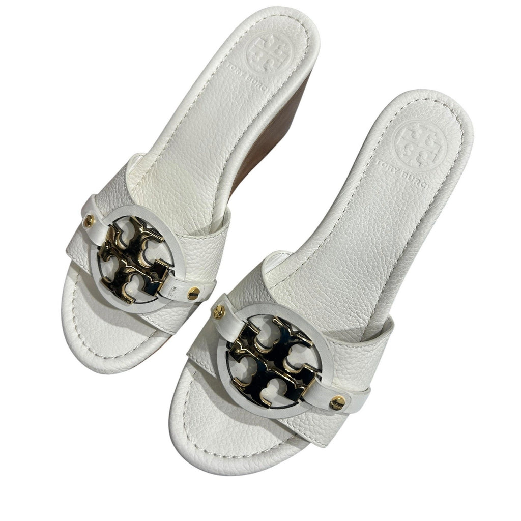Tory Burch Selma Leather Wedge Sandals White Pebbled Leather Gold Logo 6.5M