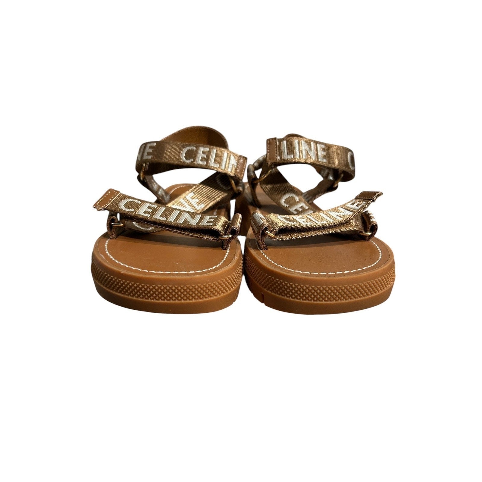 Celine Leo Flat Sandals Bronze Logo Jacquard Lug Sole Womens Size 40 Italy