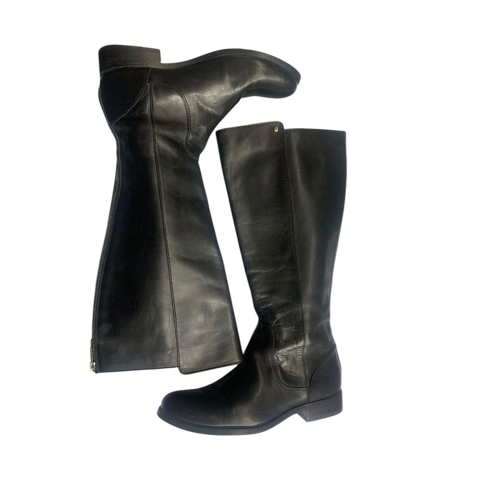 Womens Frye Black Leather Riding Knee High Boots Back Zip