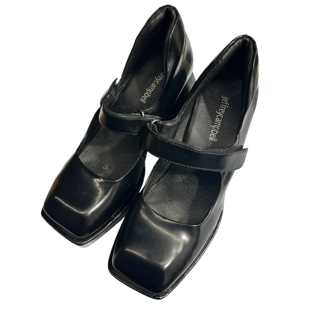 Jeffrey Campbell Reine Black Leather Square Toe Platform Mary Jane Pumps Size 7