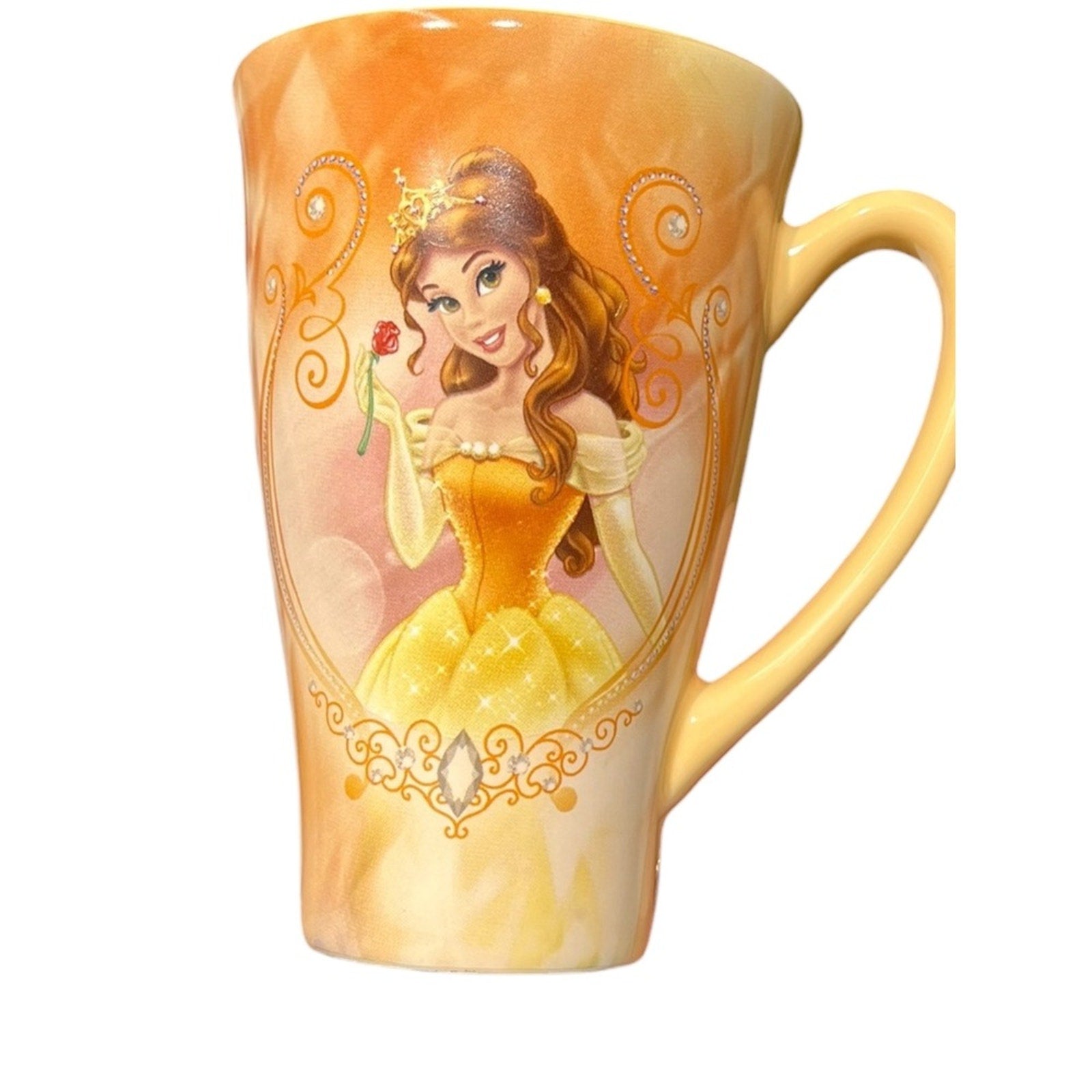 Disney Princess Belle Tall Mug Orange Yellow Gold Swirl Crown Rose