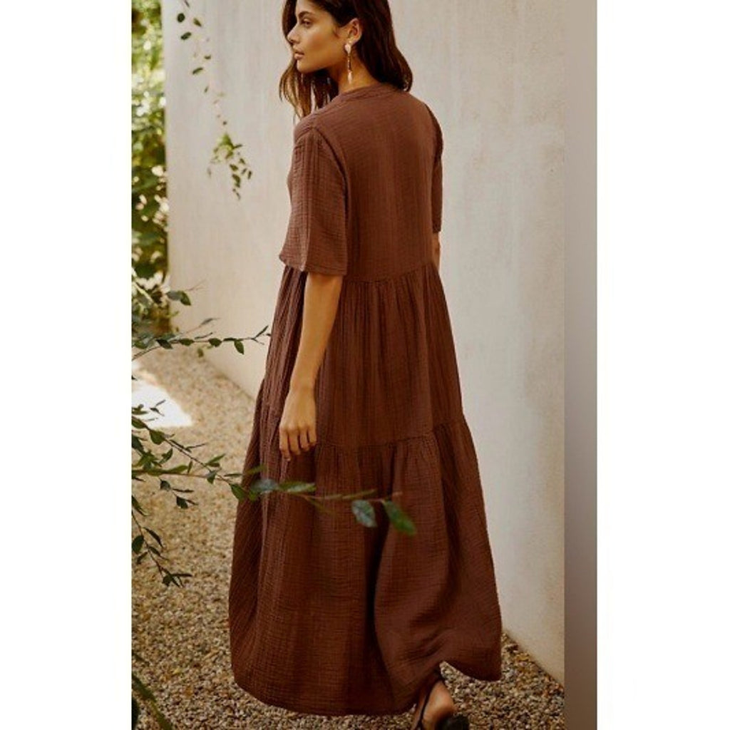 By Anthropologie Brown Cotton Gauze Tiered V-Neck Midi Dress Small fall boho