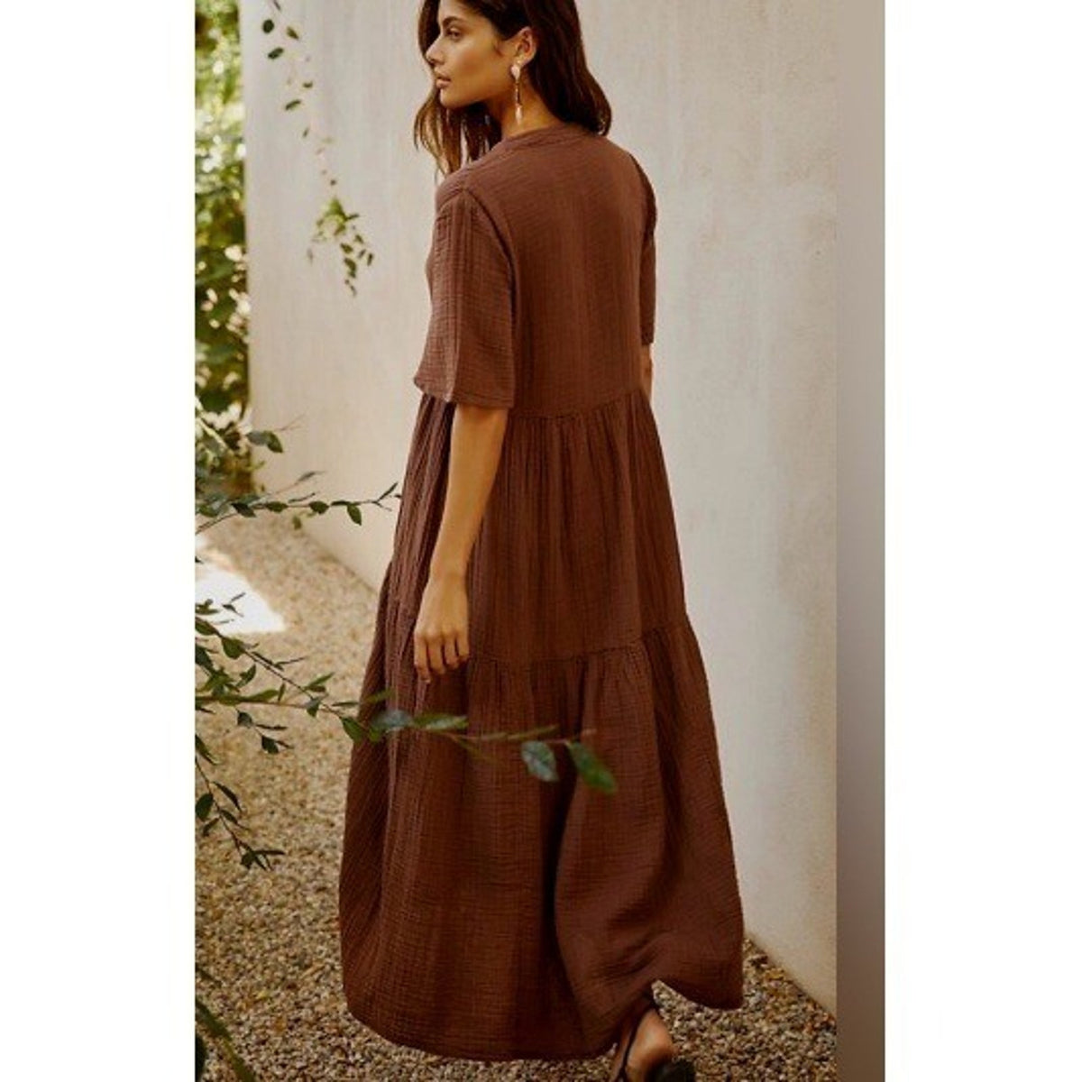 By Anthropologie Brown Cotton Gauze Tiered V-Neck Midi Dress Small fall boho
