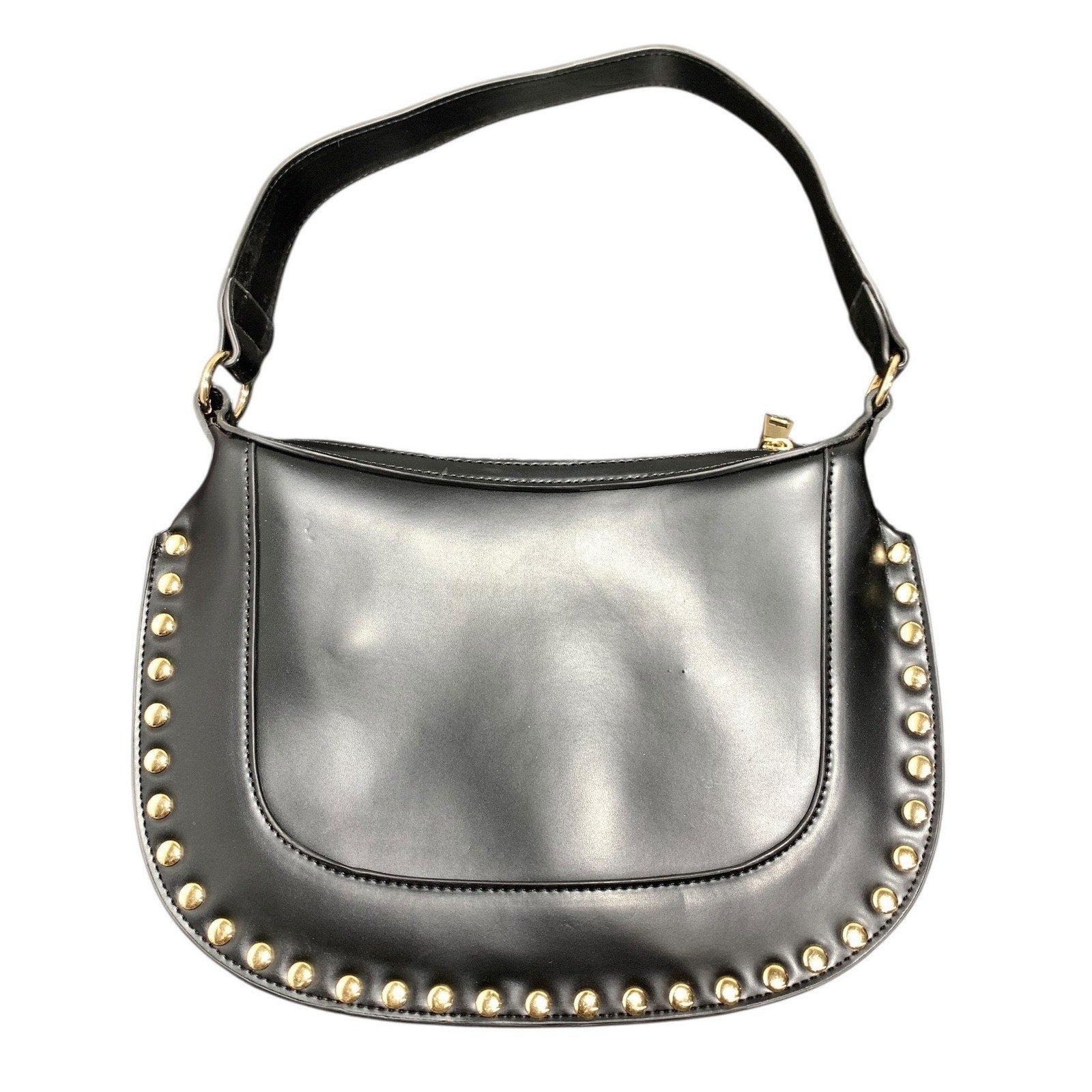 Anthropologie Studded Faux-Leather Shoulder Bag Black Gold Hardware Hobo Crescen