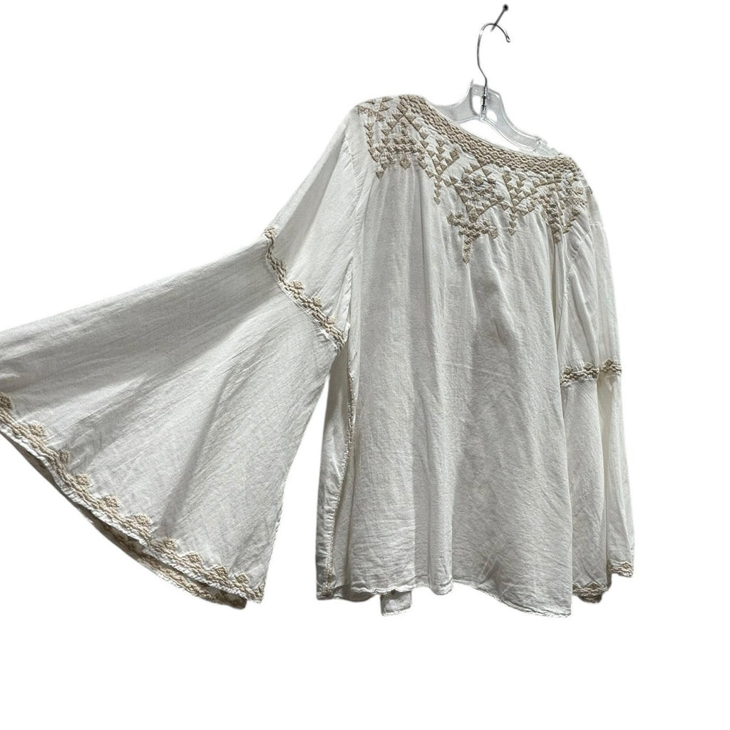 Johnny Was Workshop White Embroidered Bell Sleeve Peasant Blouse W14719-3 XS