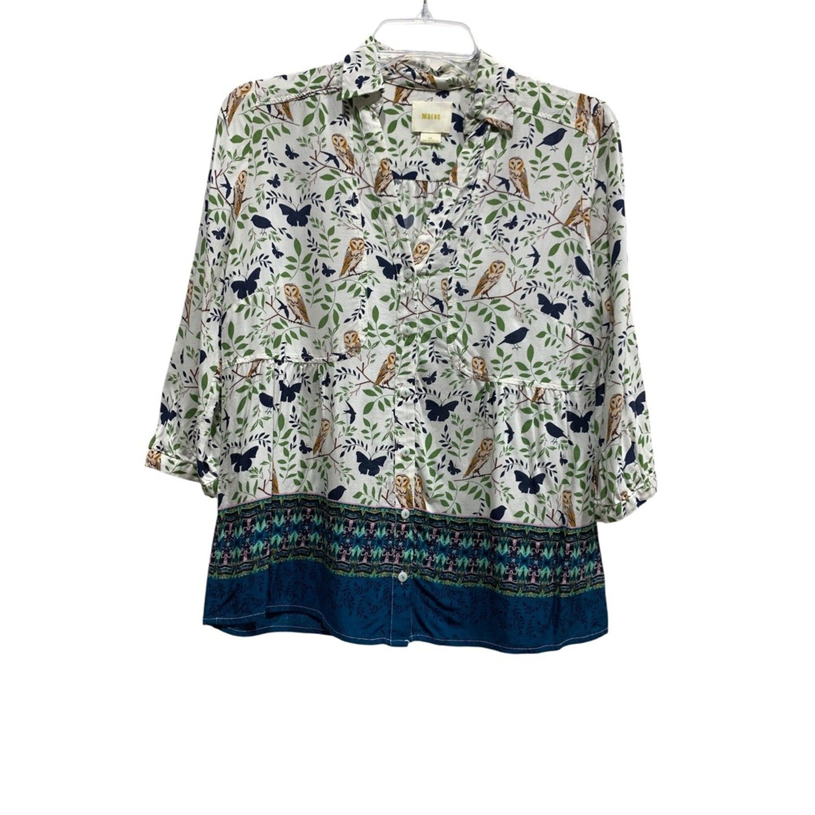 Anthropologie Maeve Woodland Walk Owl Butterfly Print Button SZ 8P