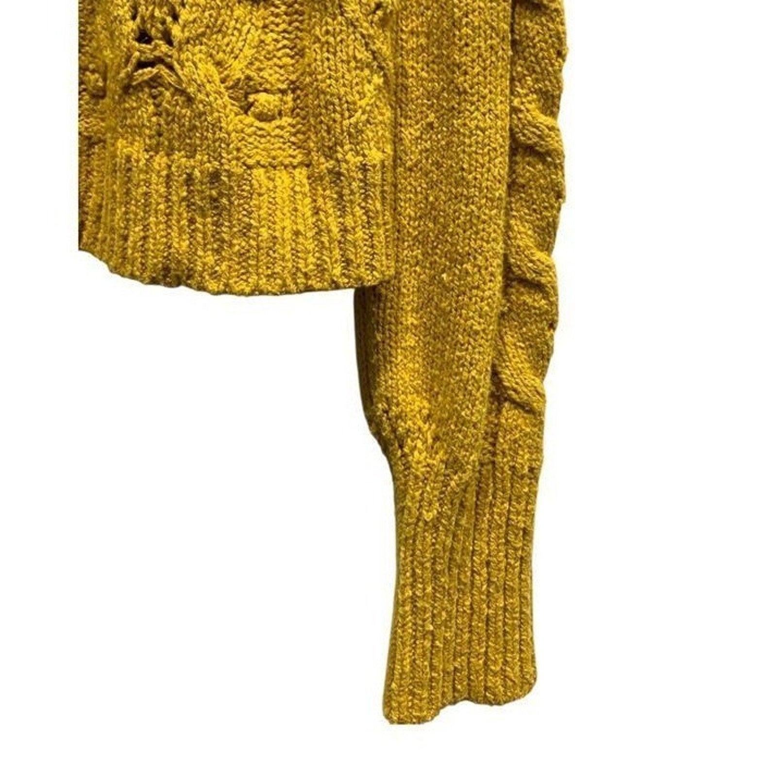 Anthropologie Mustard Yellow Cable Knit Puff Sleeve Button Front Cardigan M