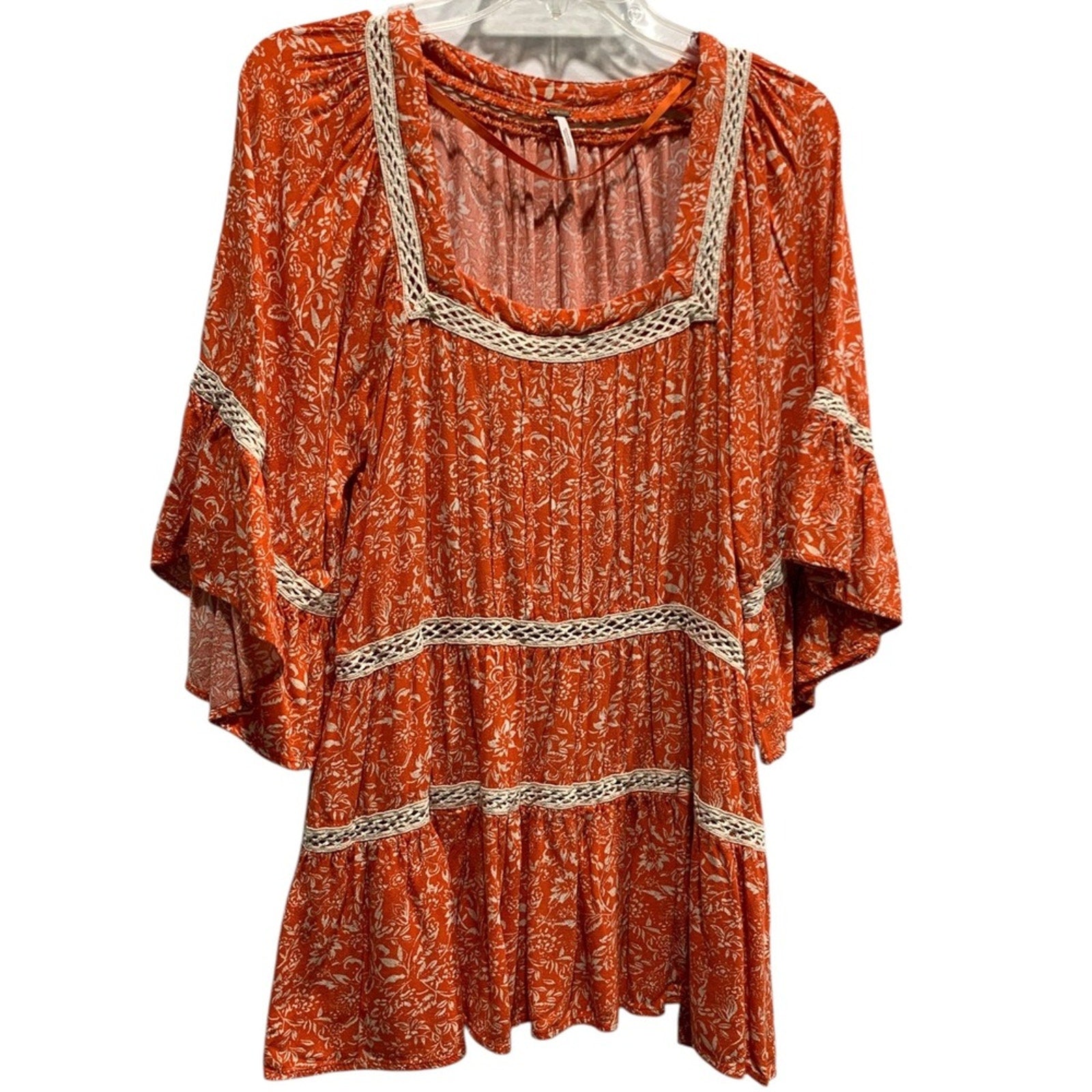 Free People Orange Talk About It Tunic Tiered Top Womens Floral Bell Sleeve FALL