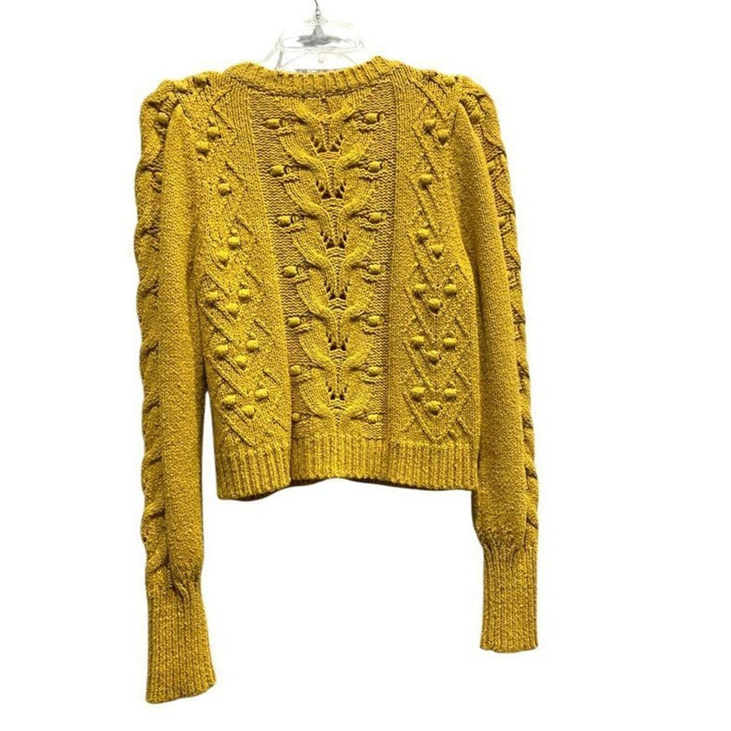 Anthropologie Mustard Yellow Cable Knit Puff Sleeve Cardigan Sweater Small