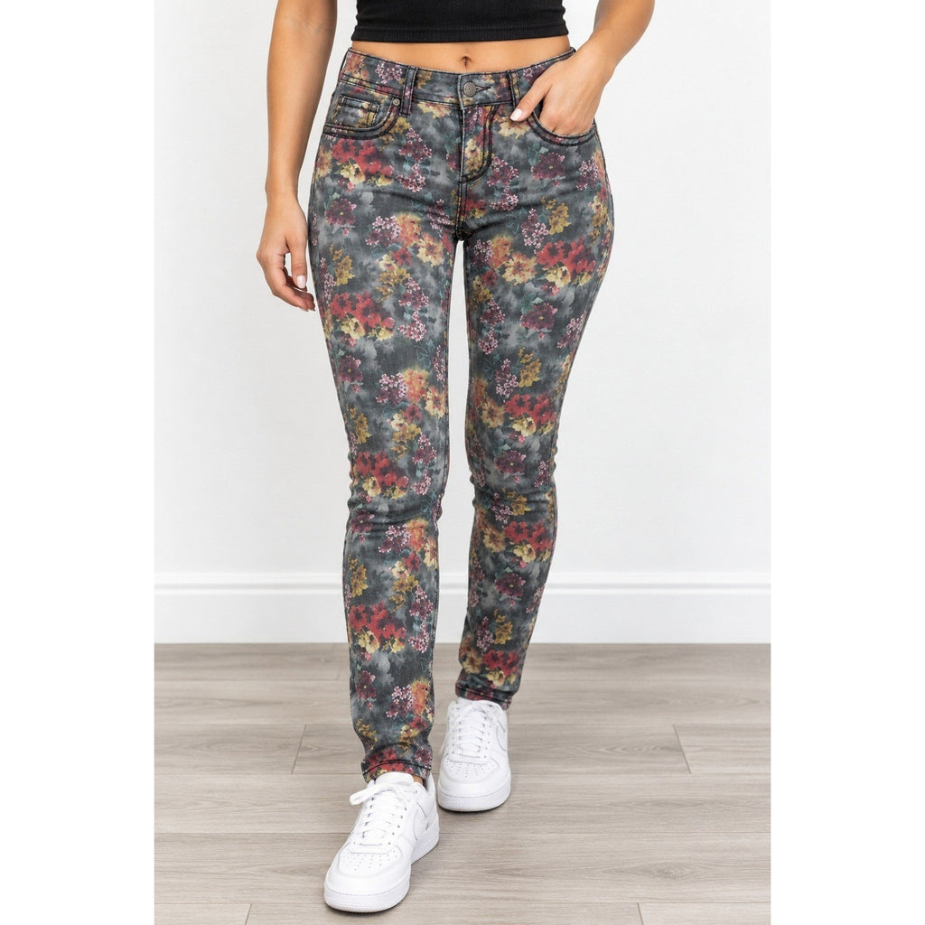 Miss Me Floral Print Skinny Jeans Grey Pink Orange Mid Rise Denim Size 27 whimsy