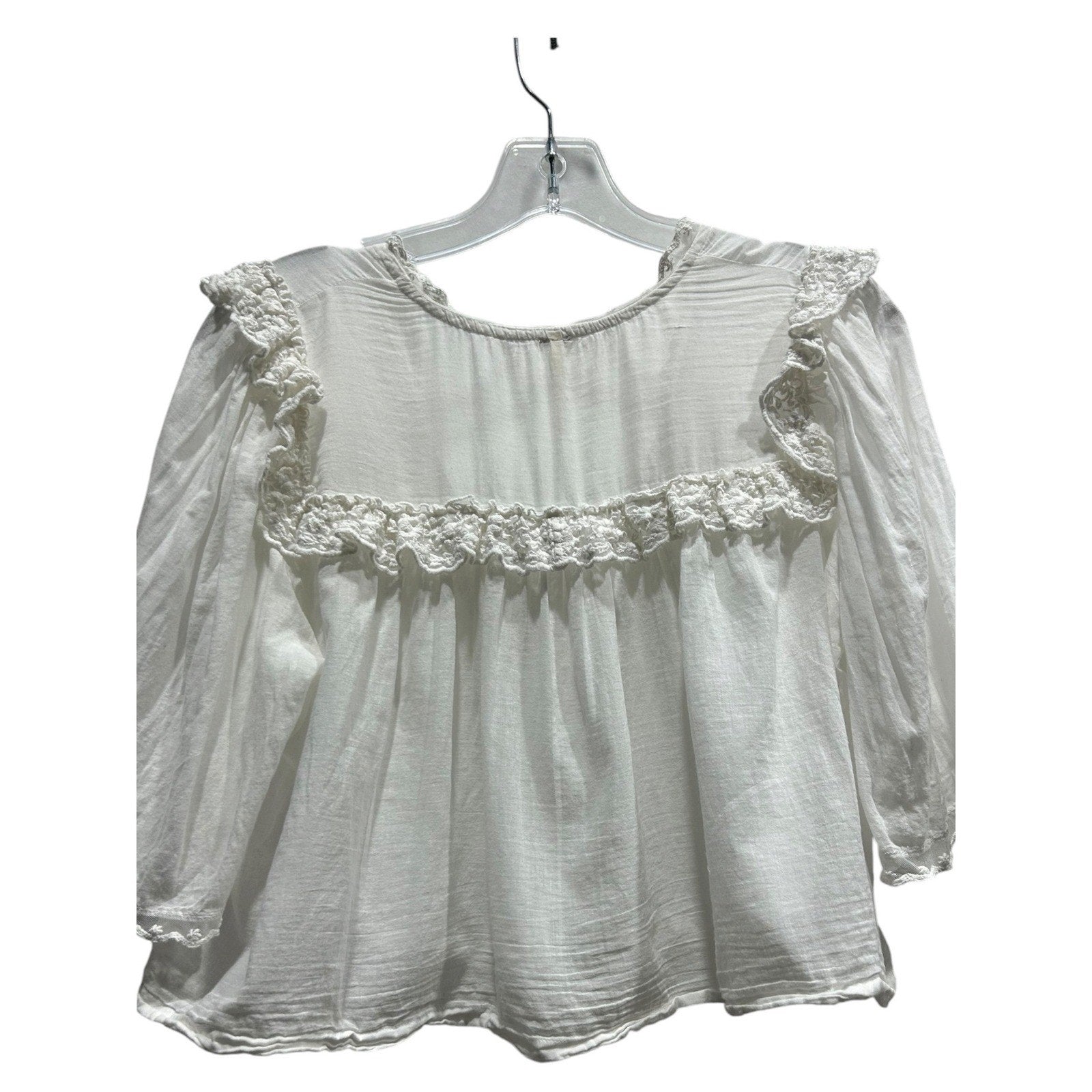 Free People White Crochet Lace Trim Buttons Gauze Boho Blouse XS Cottagecore air