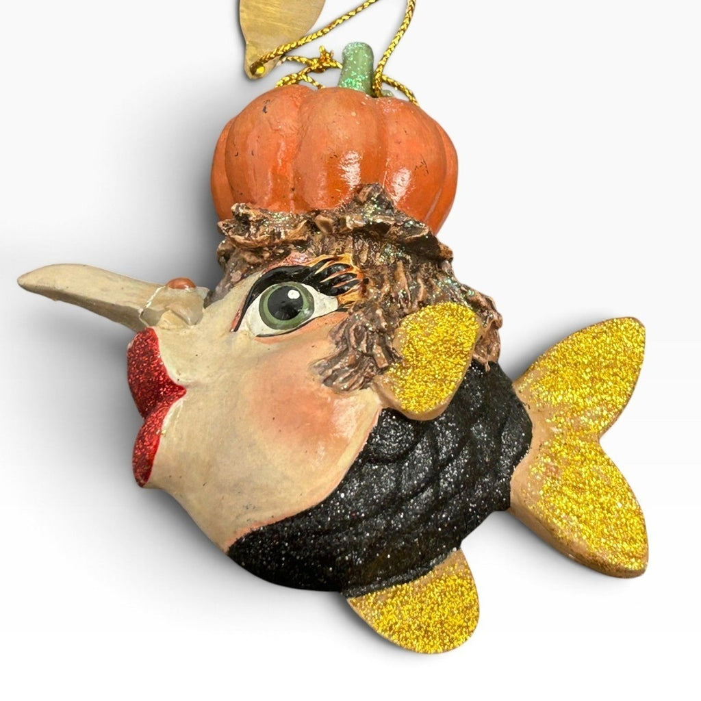 Katherine's Collection Halloween Fish Ornament Pumpkin Hat Gold Glitter Tag Cute