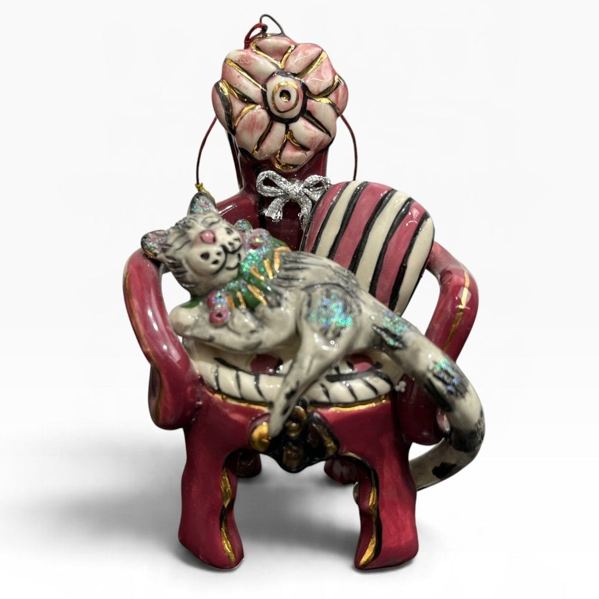 Heather Goldminc Blue Sky Cat in Red Armchair Ceramic Ornament 4.5" 2002 Vintage