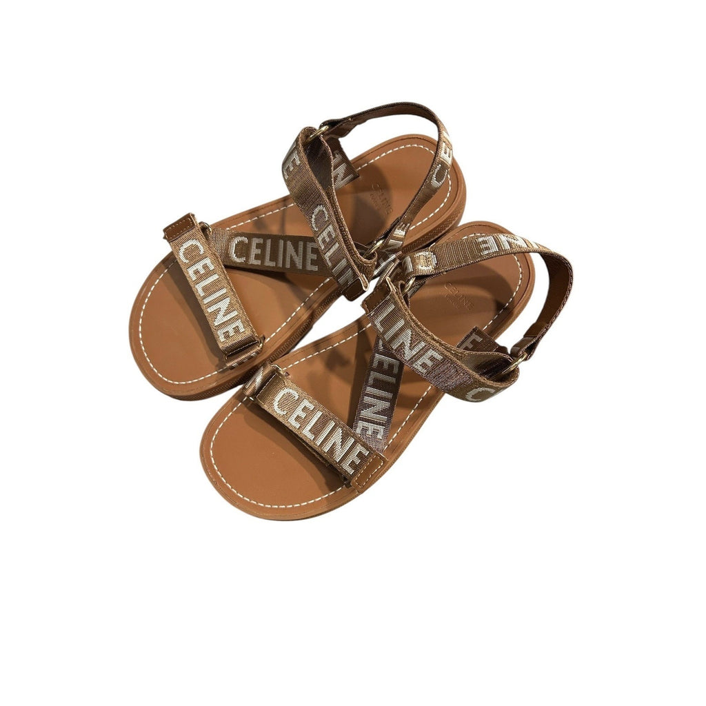 Celine Leo Flat Sandals Bronze Logo Jacquard Lug Sole Womens Size 40 Italy
