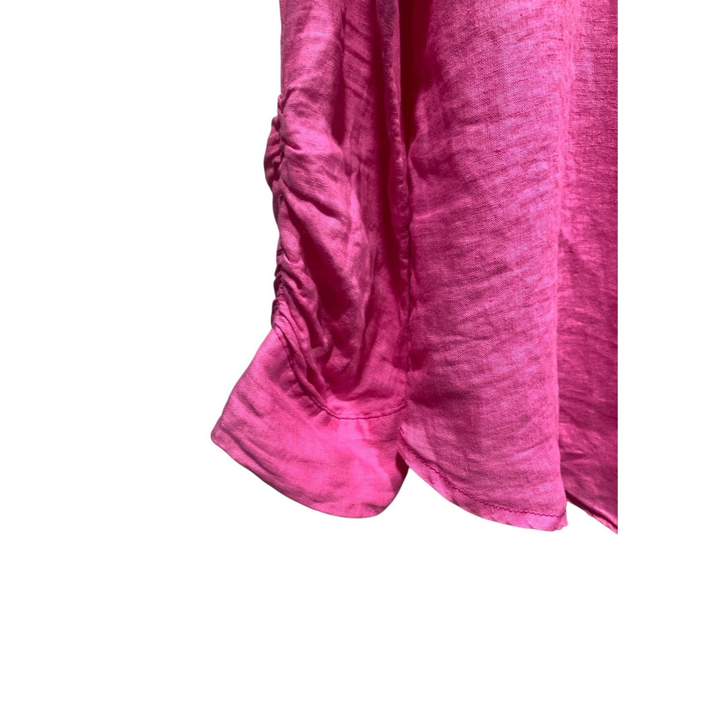 Maeve Anthropologie Hot Pink 100% Linen Ruched Sleeve Button Down Shirt Large