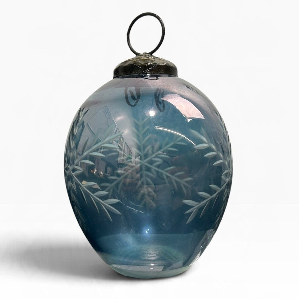 Vintage Light Blue Iridescent Etched Snowflake Glass Christmas Ornament 4 inch