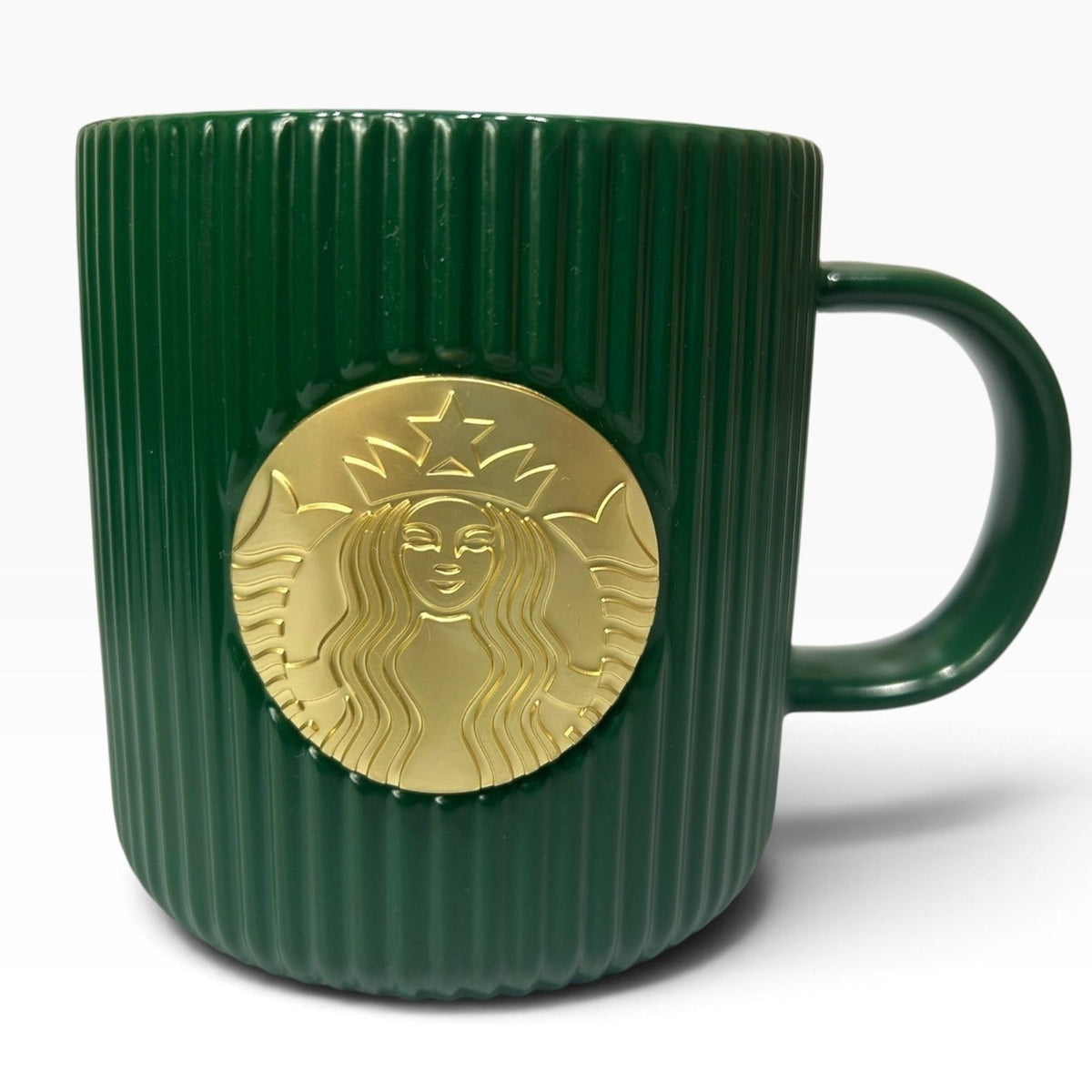 Starbucks Limited Edition 14oz Ribbed Green Ceramic Mug Gold Siren Logo with Box