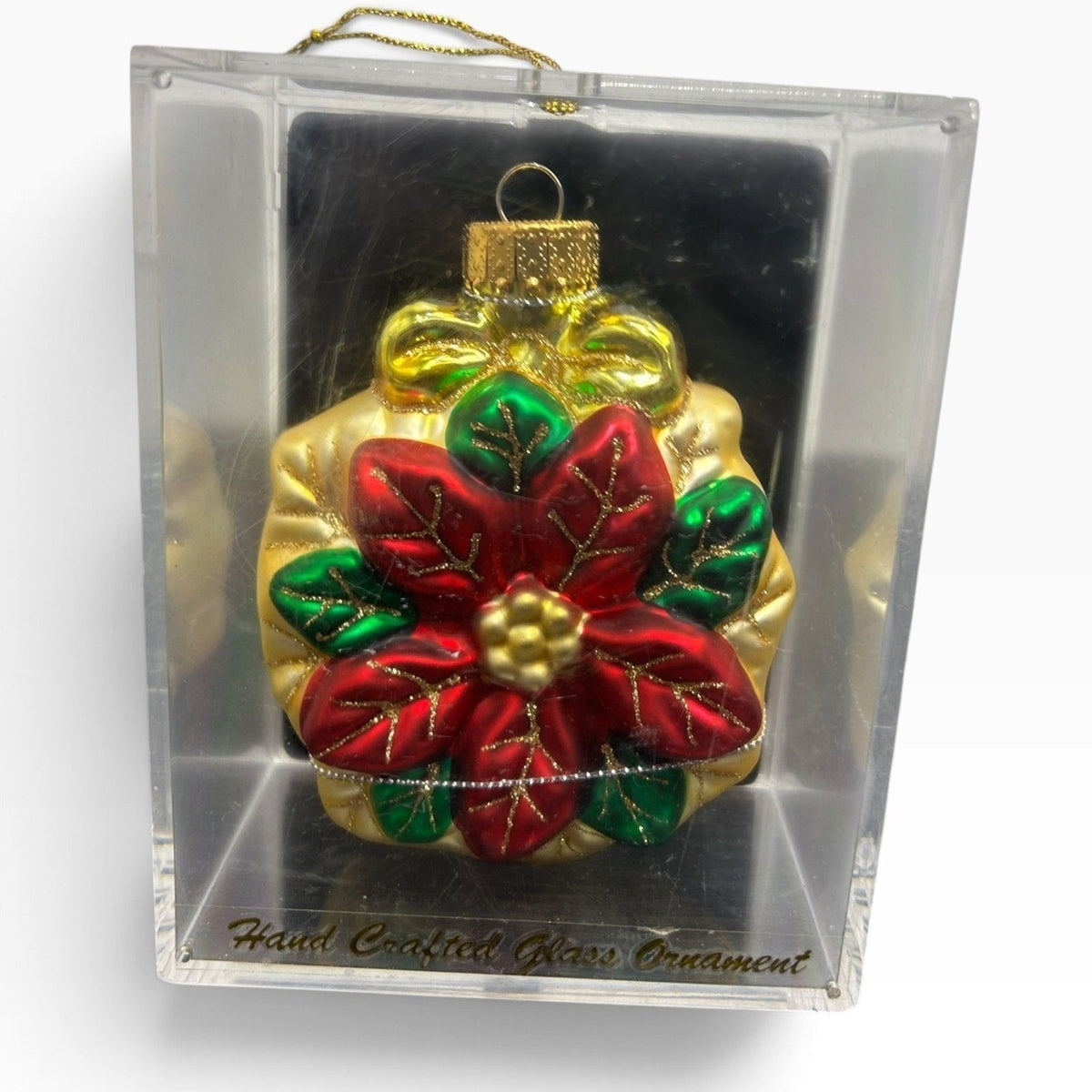 Unique Treasures Hand Painted Glass Poinsettia Christmas Ornament Red Gold Green