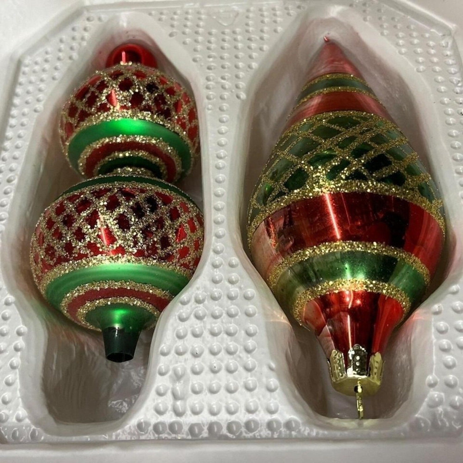 Vintage European Glass Christmas Ornaments Set Red Green Glitter Baubles