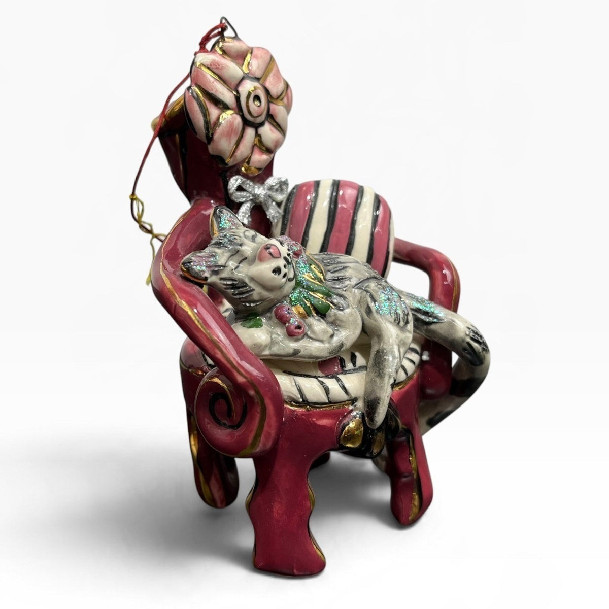Heather Goldminc Blue Sky Cat in Red Armchair Ceramic Ornament 4.5" 2002 Vintage