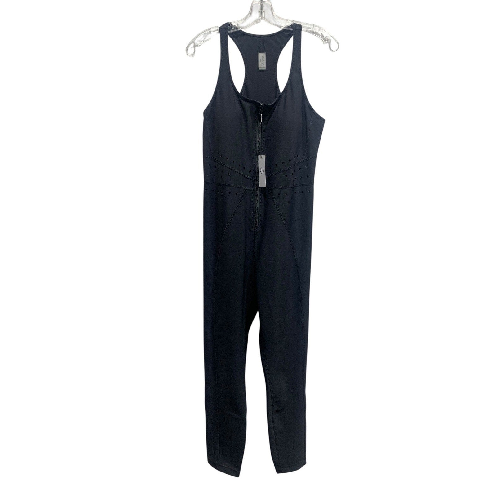GIGI C Sport Womens Black Laser Cut Front Zip Racerback Activewear Jumpsuit L