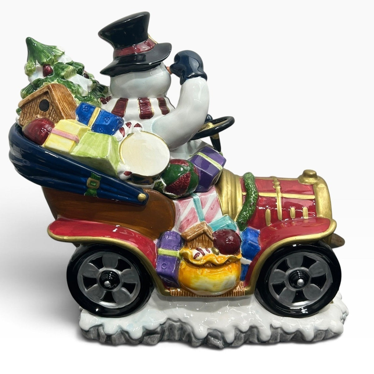 Tomsky Ltd 2004 Snowman Driving Vintage Car Christmas Ceramic Cookie Jar 11"
