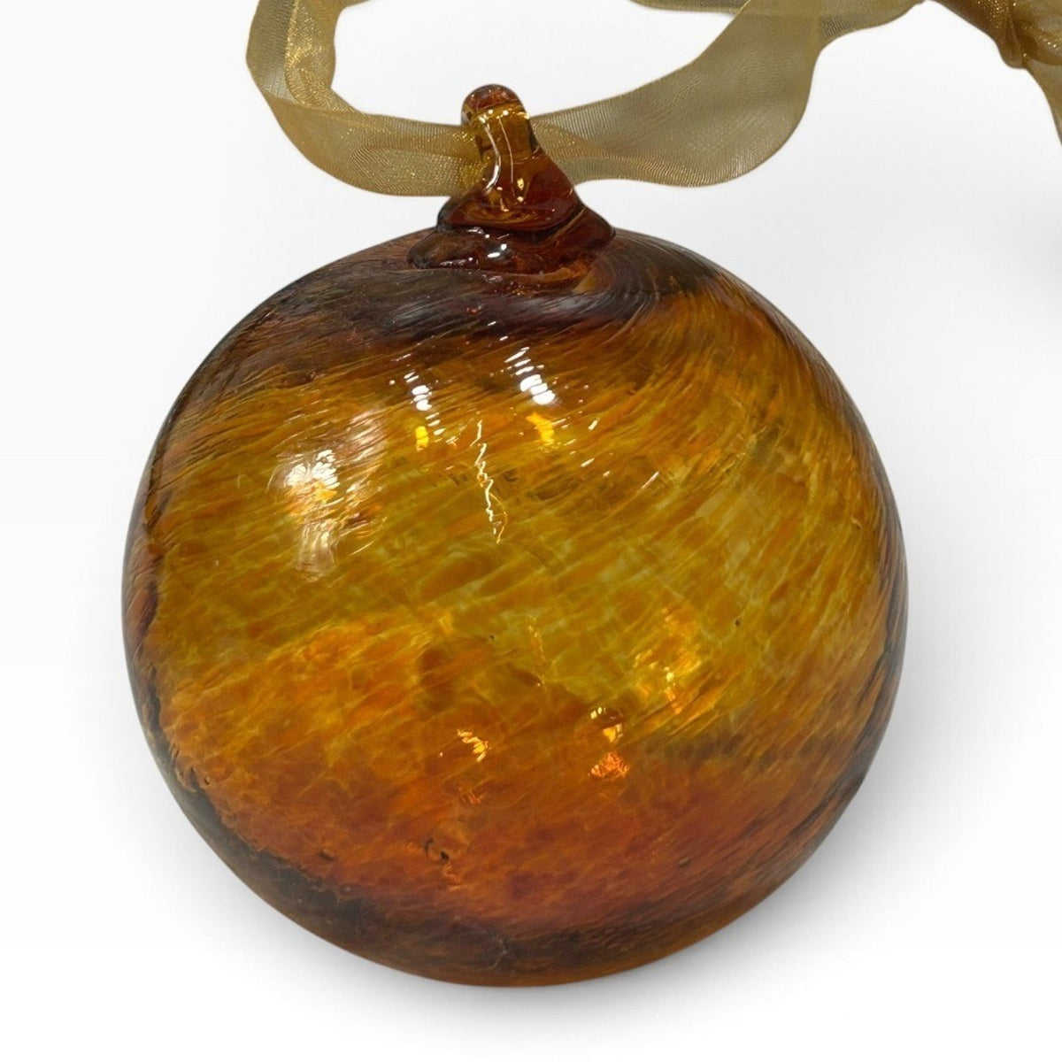 Crate & Barrel Amber Swirl Hand Blown Glass Christmas Ornament Ribbon