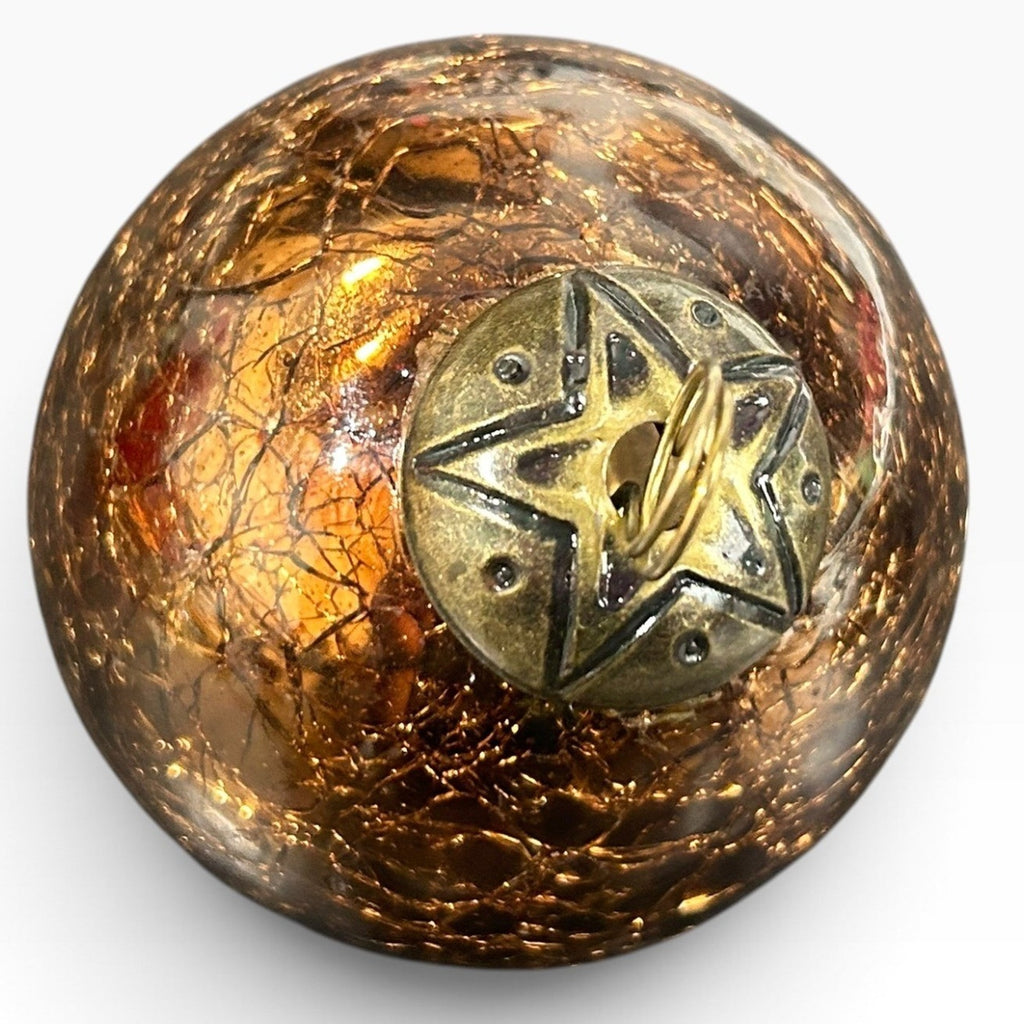 Vintage Amber Crackle Kugel Style Christmas Ornament 3 inch Star Cap 6.2oz