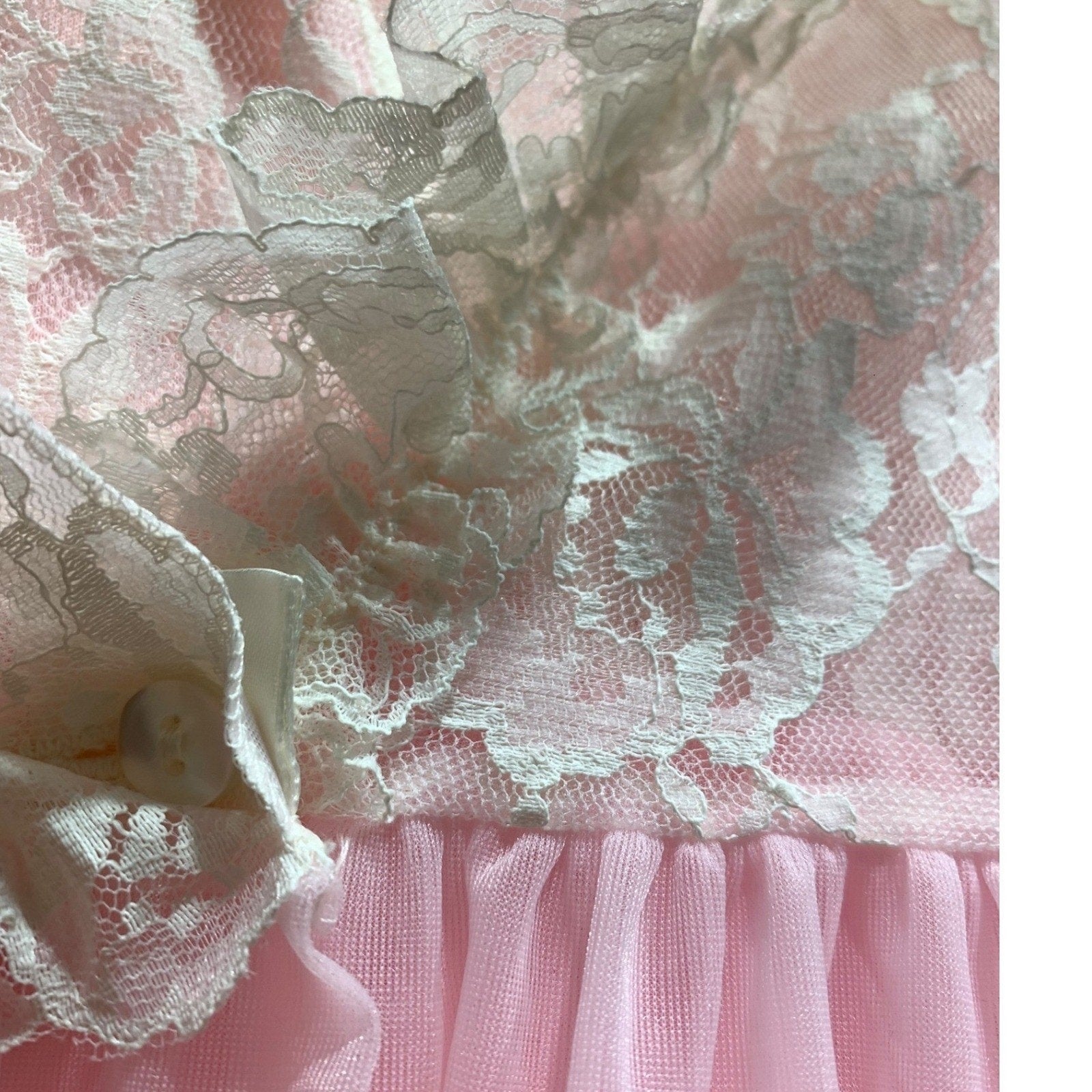 Vintage Pink Lace Maxi Nightgown Sheer Empire Waist Ruffle Sleeve Peignoir Dress