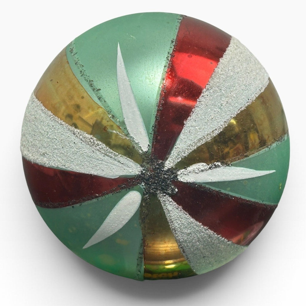 Vintage Poland Jumbo 4in Glass Christmas Ornament Teal Red Gold Striped Patina