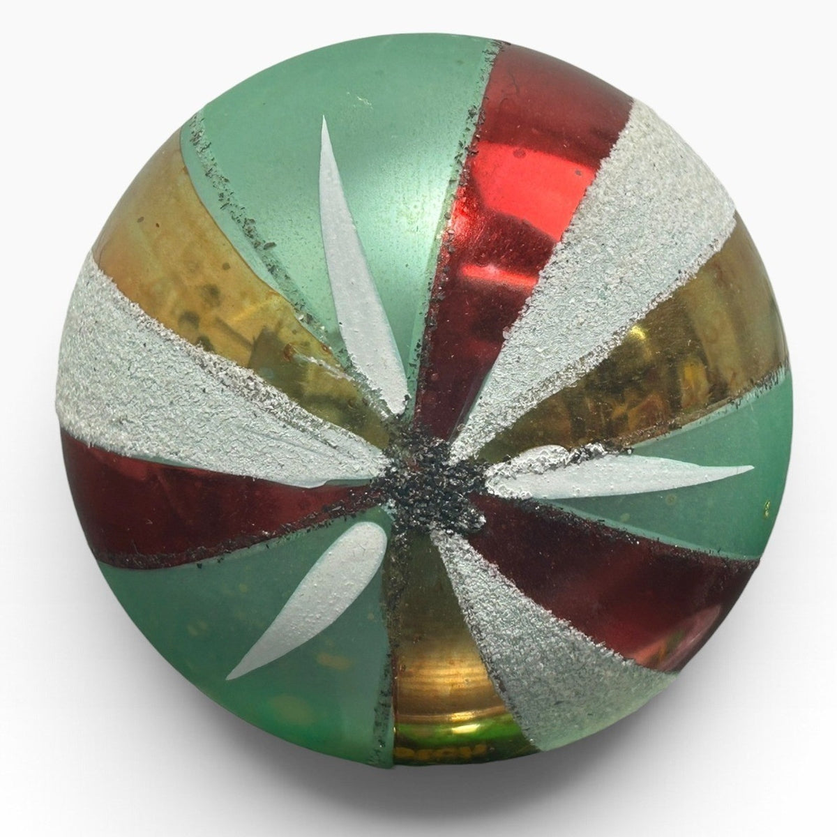 Vintage Poland Jumbo 4in Glass Christmas Ornament Teal Red Gold Striped Patina