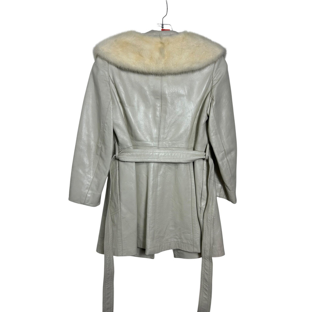 Vintage Normart's Leather faux Fur Collar Trench Coat Cream Belted Wrap Jacket S