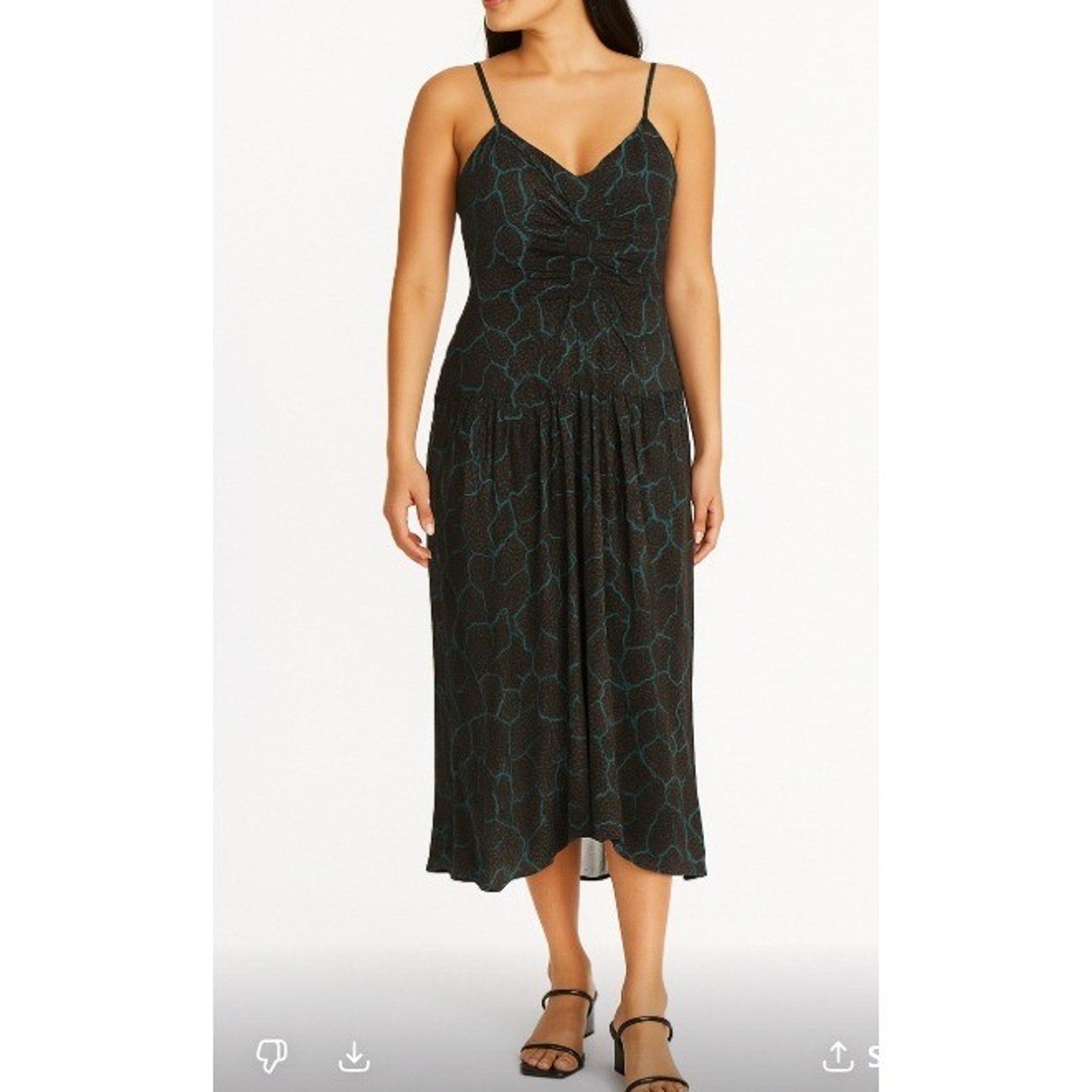 Diane von Furstenberg Silk Midi Dress Brown Blue Print Ruched Strap sz 2
