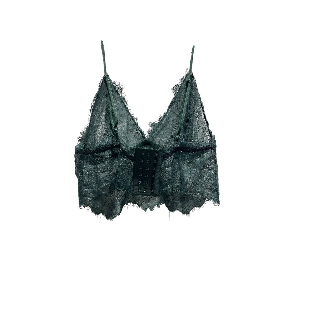 Anine Bing Forest Green Eyelash Lace Longline Bralette Sheer V-Neck Bra