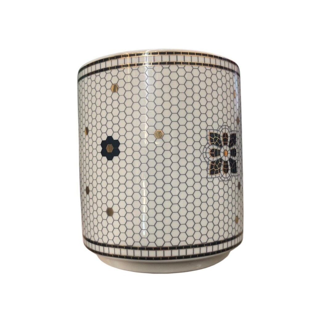 Anthropologie initial letter T Mug Black Gold Honeycomb Mosaic Tile Mug
