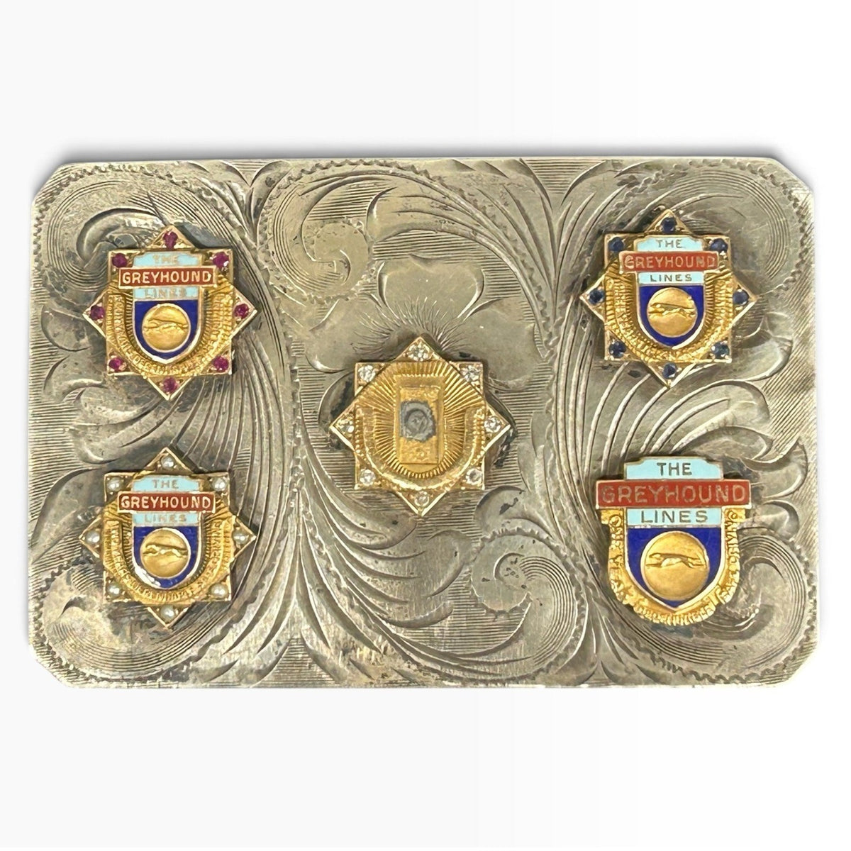 Vintage Greyhound Lines Sterling Silver 10k Gold Pin Belt Buckle 58g Fine Patina