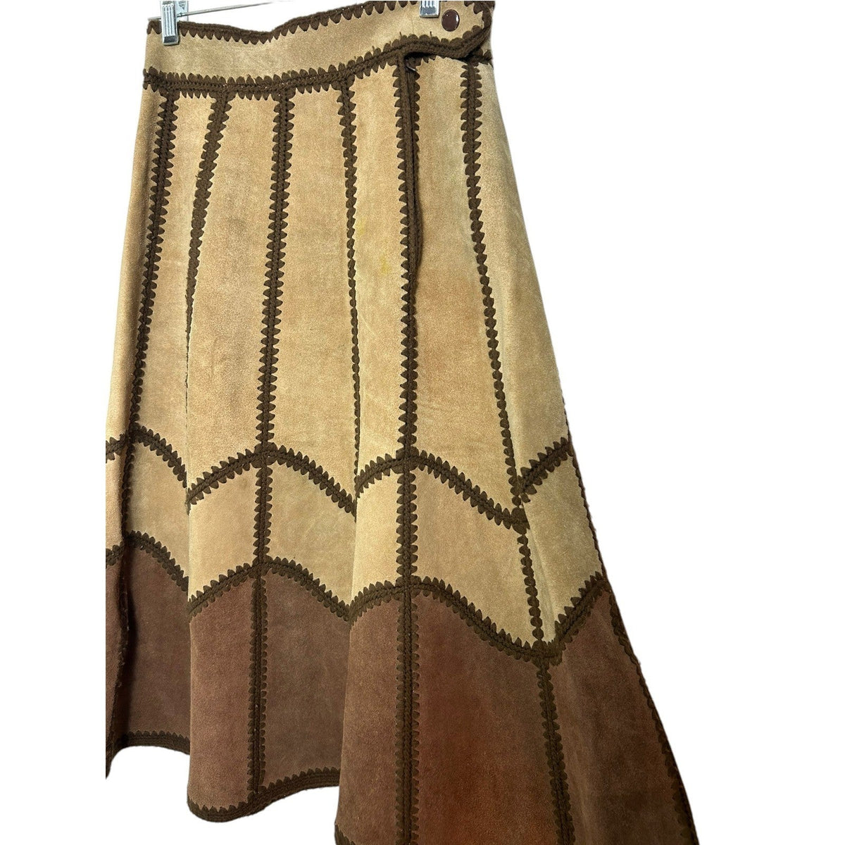 Young East Vintage 70s Patchwork Suede Leather Crochet Trim Midi Skirt Brown 7/8