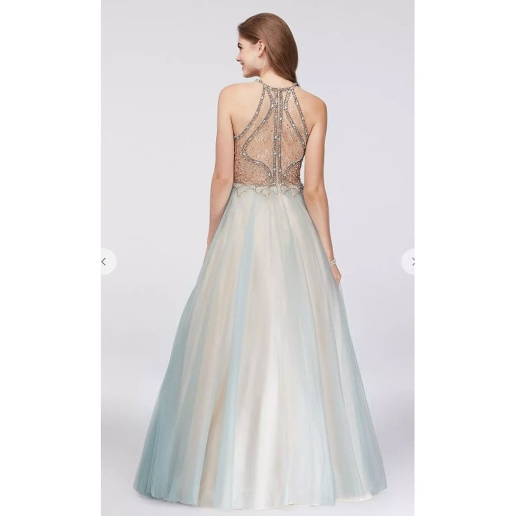 Glamour High Neck Crystal Beaded Halter Gown Tulle Skirt Prom Pageant Blue Sz 8