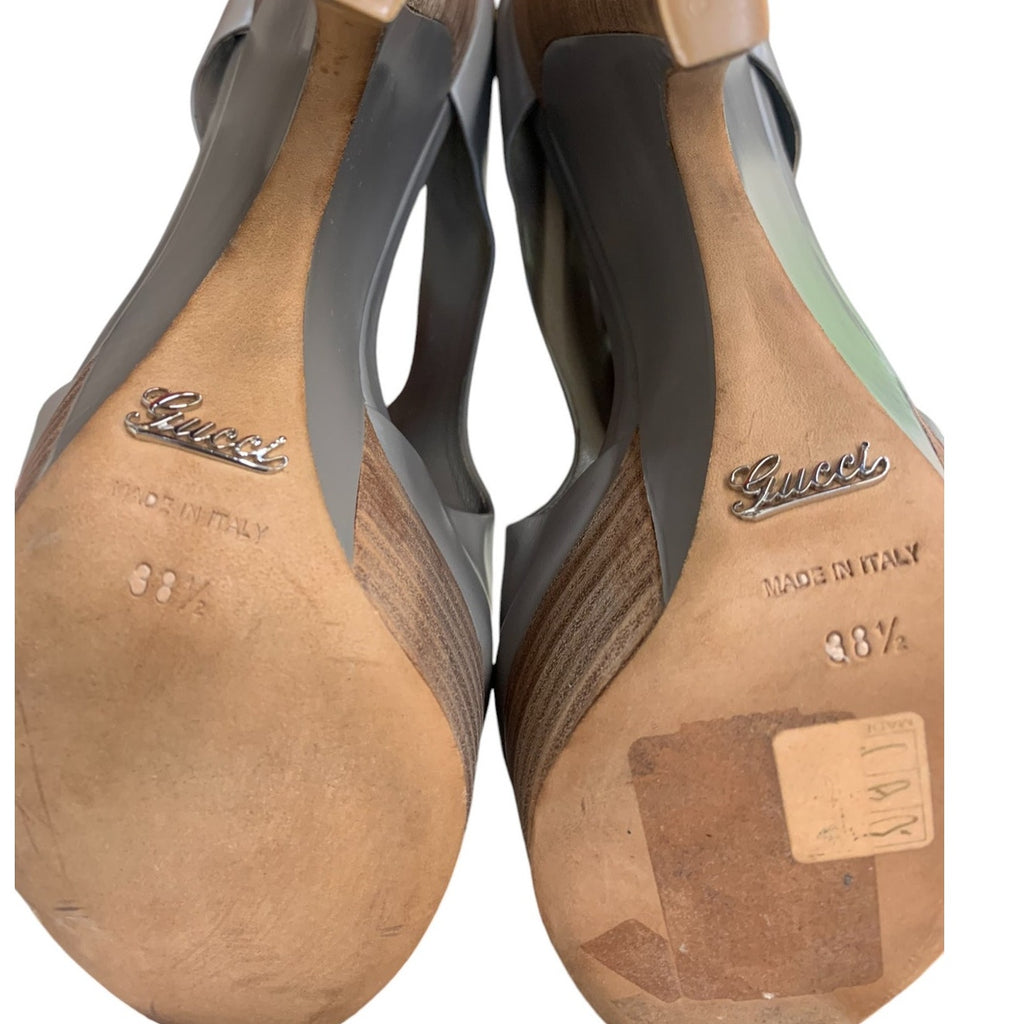 GUCCI Clemence Wooden Platform Wedges Peep Toe SZ EU 38.5